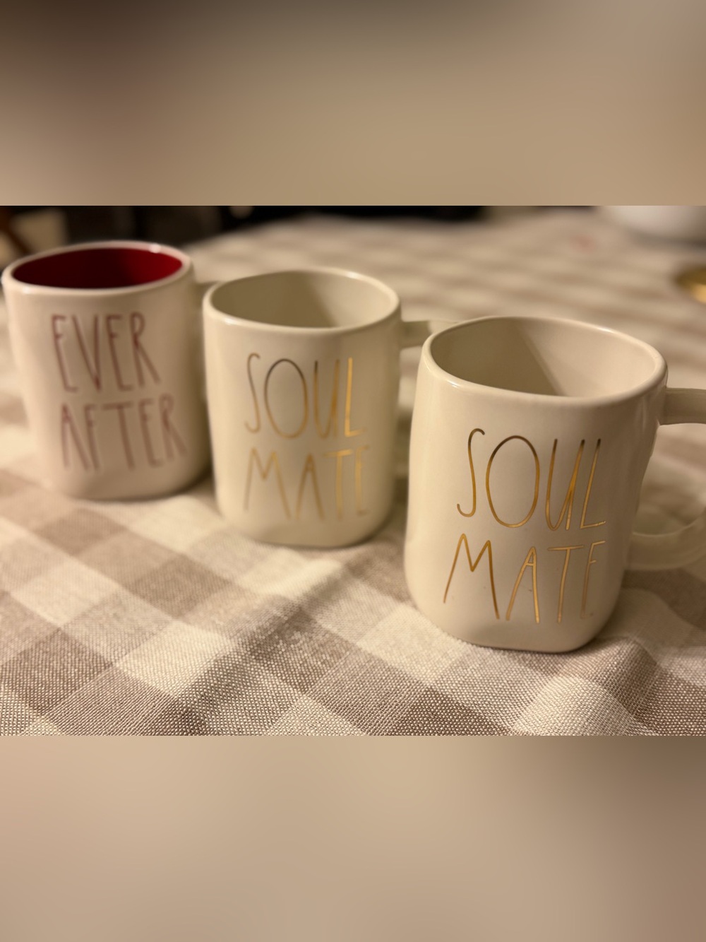 2 White 'Soul Mate' Ceramic Mugs with Gold Lettering and 1 White “Ever After”